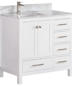 36" Vanity Wood Body With White Marble Left Side Sink With Mirror, White