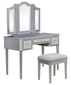 Wooden Vanity with Stool with 3 Drawers, Silver