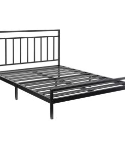 Transitional Queen Size Platform Bed, Metal Frame With Slatted Headboard, Black