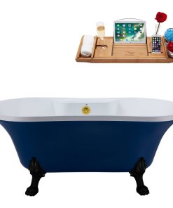 60" Streamline N107BL-GLD Soaking Clawfoot Tub and Tray With External Drain