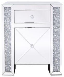 21.5 In Silver Crystal Mirrored One Drawer Cabinet