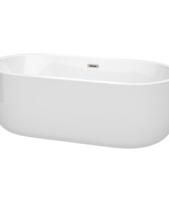 67" Freestanding Bathtub, White With Brushed Nickel Drain and Overflow Trim
