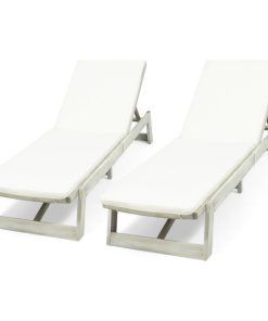 Tina Outdoor Acacia Wood Chaise Lounge and Cushion Sets, Set of 2, Cream