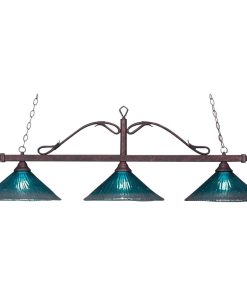 Toltec Lighting Scroll 3-Light Billiard Light, Teal Crystal Glass, Bronze