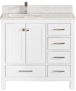 36" Vanity Solid Wood Body With White Quartz Top Left Side Sink, White