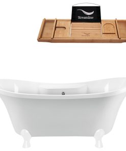 68" White Clawfoot Tub and Tray, White Feet, Chrome External Drain
