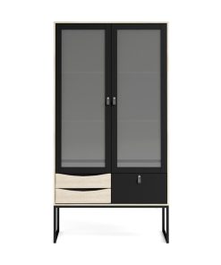 Stubbe 2 Glass Door China Cabinet with 3 Drawers, Black Matte/Oak Structure