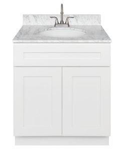 30" Bathroom Vanity, Cara White Marble Top, Faucet LB6B, Antique White