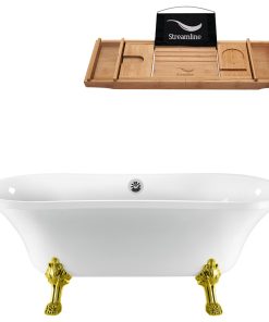 68" White Clawfoot Tub and Tray, Gold Feet, Chrome External Drain