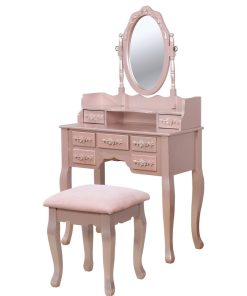7 Drawers Wooden Frame Vanity Set With Stool And Cabriole Legs, Rose Gold