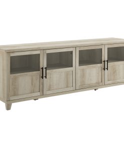 70" TV Console With Glass and Wood Panel Doors, White Oak