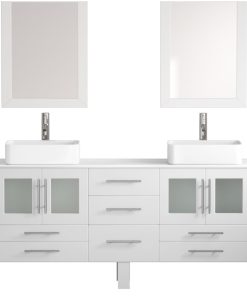 71" White Double Vessel Sink Bathroom Vanity Set, "Zachary", Faucets: Chrome