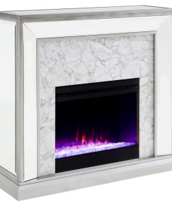 Trason Mirrored Faux Stone Fireplace with Color Changing Firebox, Silver