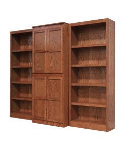 Traditional 72" Tall 15-Shelf Wood Bookcase Wall with Doors in Dry Oak