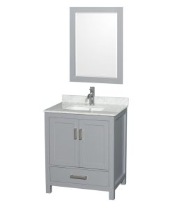 30" Single Vanity,Gray,White Carrara Marble Top,Undermount Square Sink,Mirror