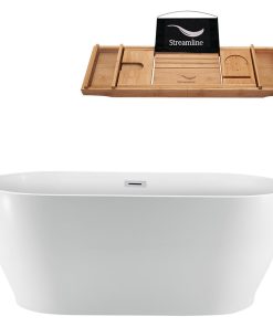 59" White Freestanding Tub and Tray With External Drain, Oval Shaped