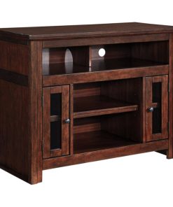 Wooden Tv Stand With Two Glass Inserted Door Cabinets And Open Shelves Brown