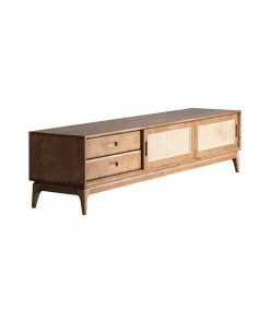 78" Cottage Walnut TV Stand Rattan Entertainment Center With 3 Doors and Drawers