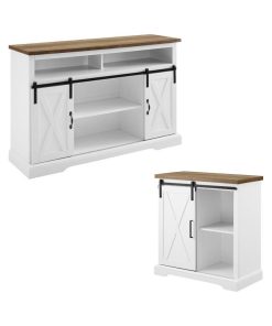 2 Piece Farmhouse Barn Door TV Stand and Buffet Table Set in White