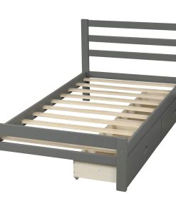 Twin Size Bed Frame, Paneled Headboard With Storage Drawers, Gray Finish