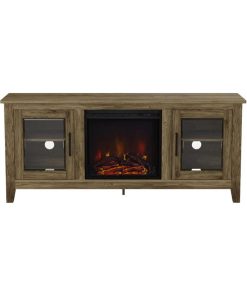 Transitional TV Stand, Glass Door Cabinets & Center Fireplace, Barnwood