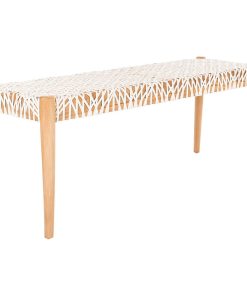 Traditional Bench, Natural Teak Wooden Frame With Off White Leather Upholstery