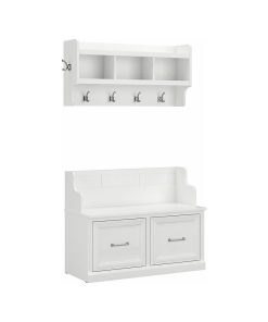 Woodland Entryway Bench with Wall Mounted Coat Rack in White - Engineered Wood