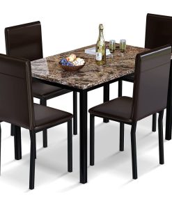 5 Pieces Dining Set, Elegant Faux Marble Table & Faux Leather Chairs, Black