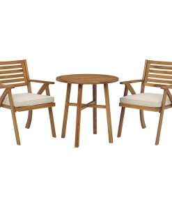 3 Pieces Patio Bistro Set, Cushioned Chairs With Slatted Back, Light Brown