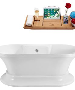 60" Soaking Free Standing Tub With External Drain, White/Chrome