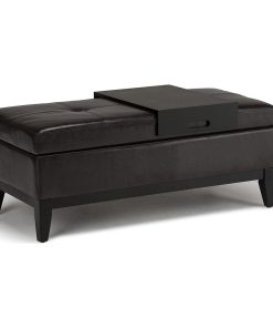 Transitional Storage Ottoman, PU Leather Seat With Serving Tray, Tanners Brown
