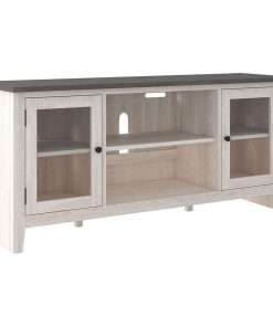 Traditional TV Stand, 2 Glass Doors Cabinet With Center Open Shelf, Whitewash