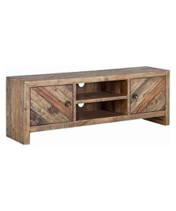 Wooden TV Console with 2 Cabinets and Open Center Shelf in Weathered Brown