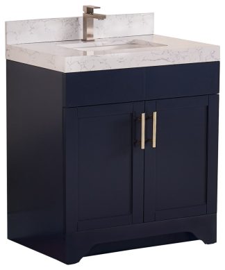 30" Vanity Wood Body and Quartz White With Mirror, Marine Blue