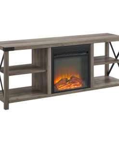 60" Farmhouse Metal X Fireplace Console - Grey Wash
