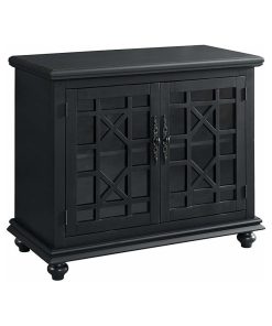 Wooden TV Stand With Trellis Detailed Doors, Antique Black