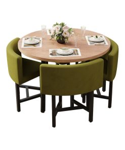 40" Round Wooden 4 Seater Dining Table Set Yellow Upholstered Chairs