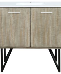 36" Rustic Acacia Bathroom Vanity, White Quartz Top, and White Square Sink