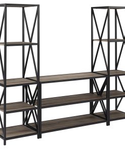3-Piece Rustic Industrial Bookcase Set - Grey Wash