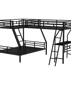 Triple Bunk Bed, L-Shaped Design With Guardrails & Ladders, Twin Over Full Size