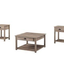 3 Pieces Coffee Table Set, Grooved Lower Open Shelf & Storage Drawer, Grey Wash