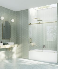 52-56"x60-Frameless Bath Tub Sliding Shower Door Square Hardware, Satin Brass