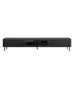 2000mm Contemporary Black Stone Top TV Stand, 2 Tempered Glass Doors
