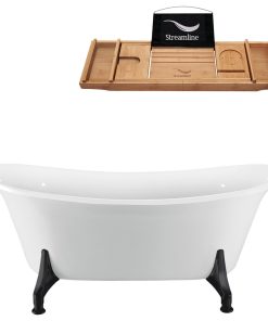 70" White Clawfoot Tub and Tray, Black Feet, Chrome Internal Drain