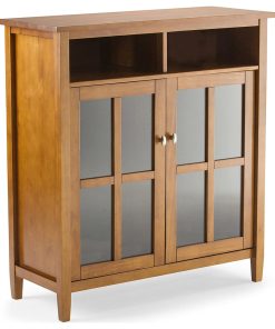 Transitional Storage Cabinet, 2 Glass Doors & 2 Open Shelves, Light Golden Brown