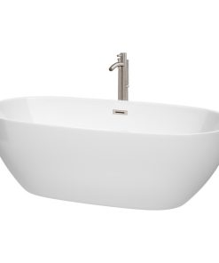 71" Freestanding Bathtub, White, Faucet, Drain, Overflow Trim, Brushed Nickel