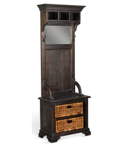 77" Narrow Distressed Black Entryway Bench Hall Tree With Mirror Basket Storage
