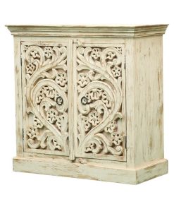 White Handcarved Solid Wood 2 Door Storage Cabinet