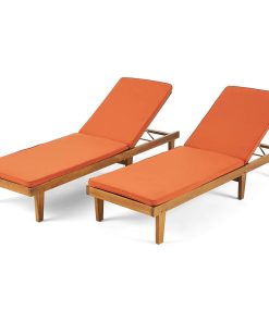 2 Pack Patio Chaise Lounge, Teak Finished Frame With Rust Orange Cushioned Seat