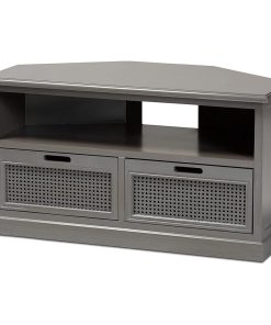Traditional Corner TV Stand, Fir Wood Construction With 2 Rattan Doors, Grey